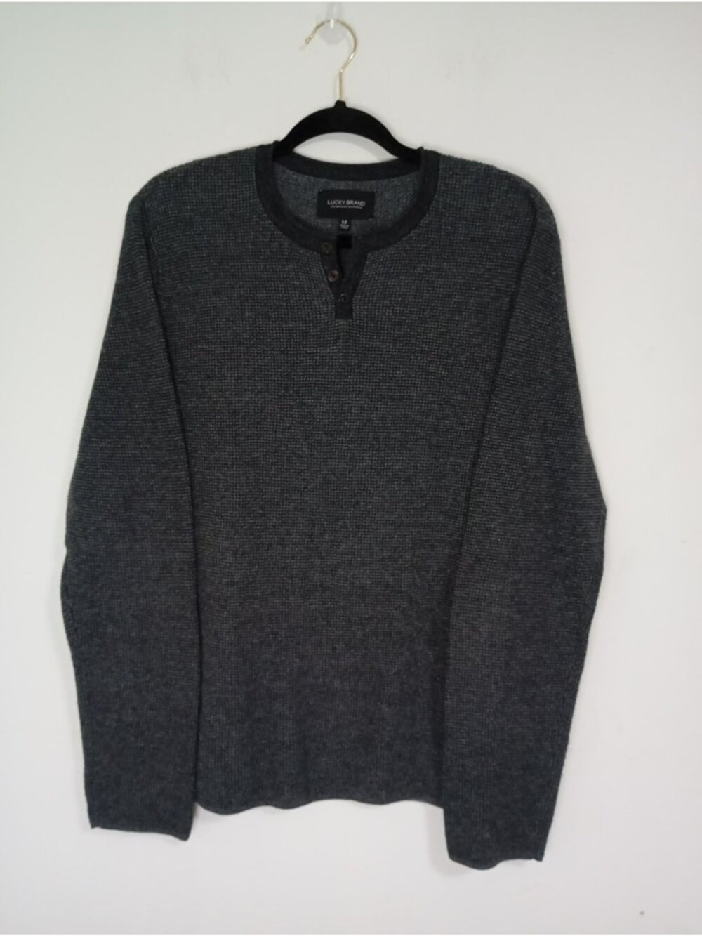 Lucky Brand Mens Dark Gray Waffle Knit Henley Long Sleeve Sweater Medium